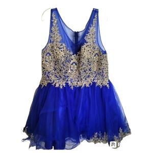 Fiesta Fashion Blue Tulle Sleeveless Dress Gold Bead Rhinestones Size XXL Junior